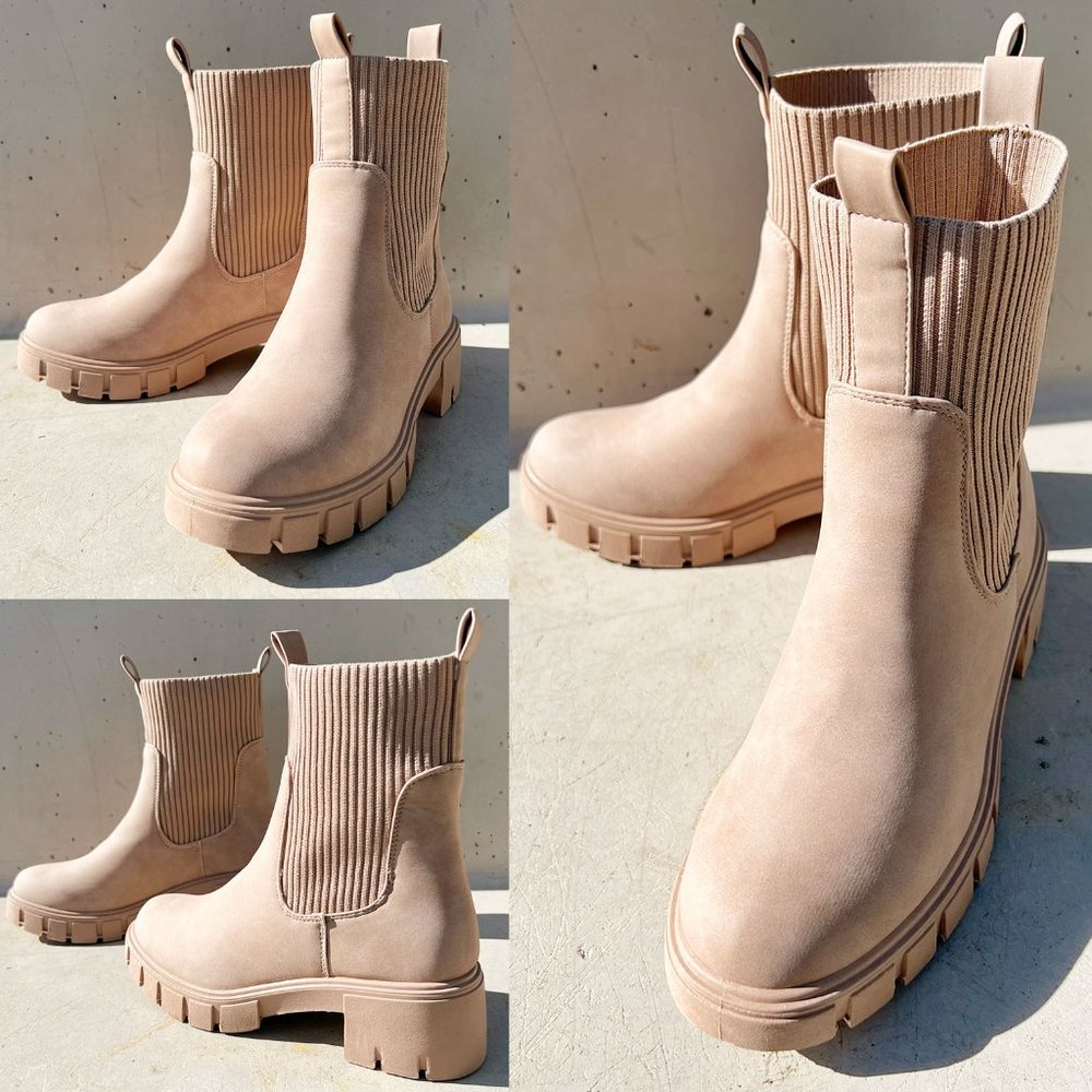 NEW Taupe Beige Chunky Lug Sole Platform Elastic Sock Ankle Chelsea Bootie Boots - Picture 5 of 13